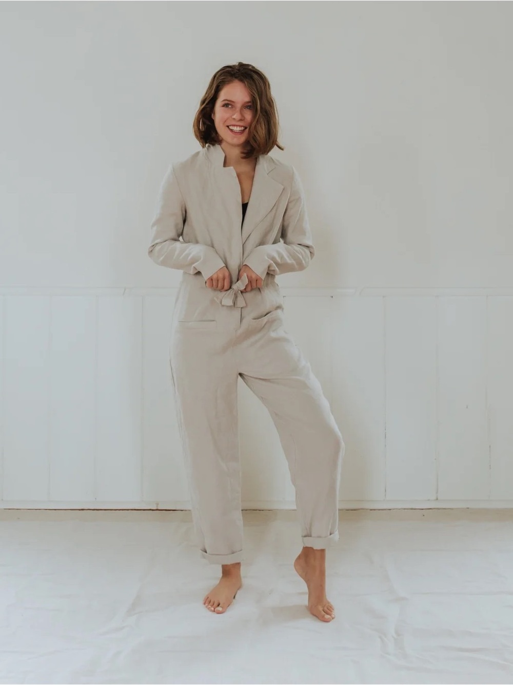 Cedar & Vine Oatmeal Linen Lapel Romper Small Made in Canada Slow Fashion